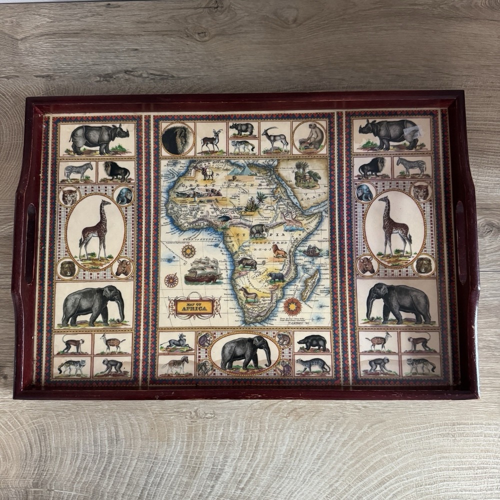 Lord & Taylor Serving Tray Map‎ of Africa Safari Decor Giraffe Elephant Lion